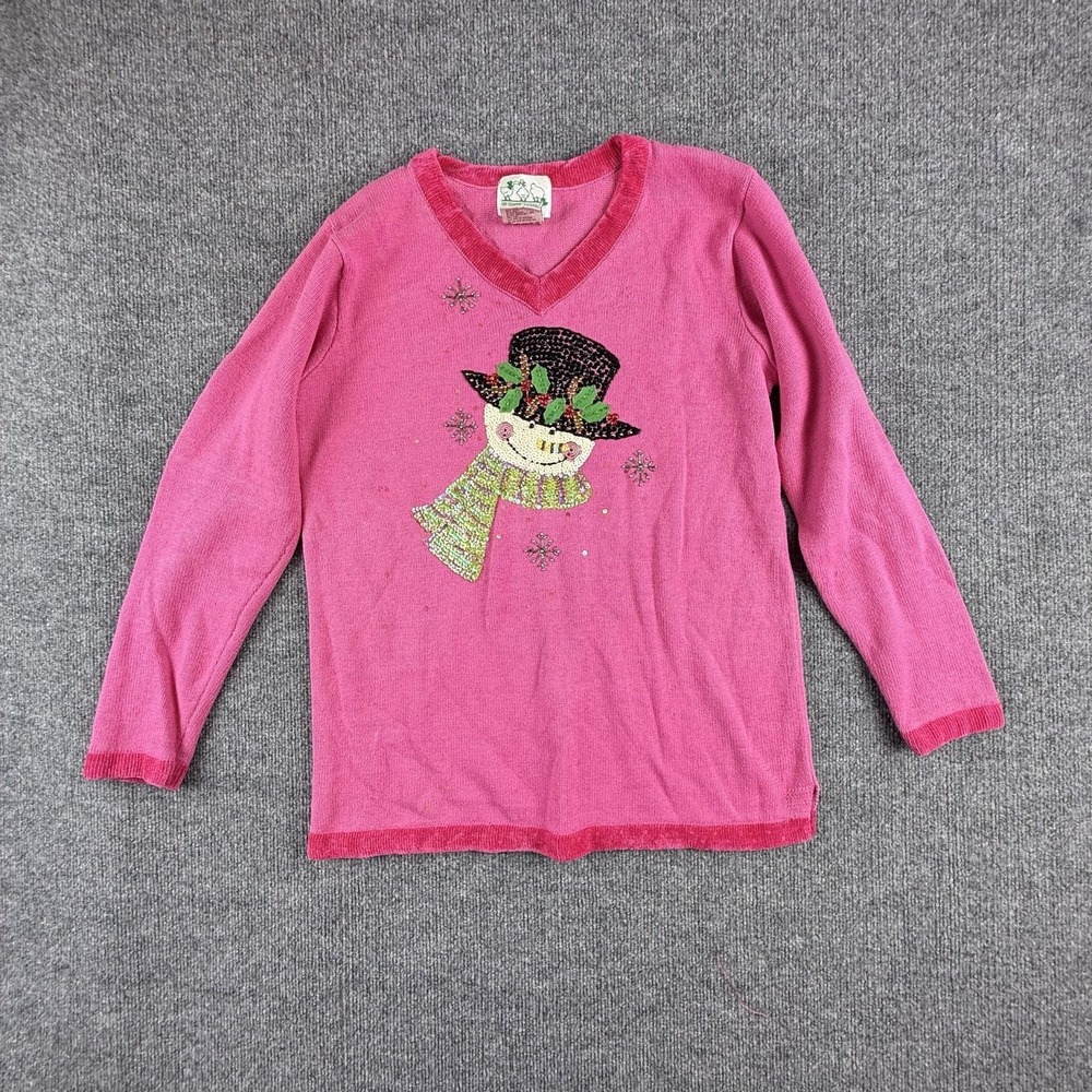 Quacker‎ Factory Sweater Womens Medium Pink Snowman Sequin Christmas V Neck